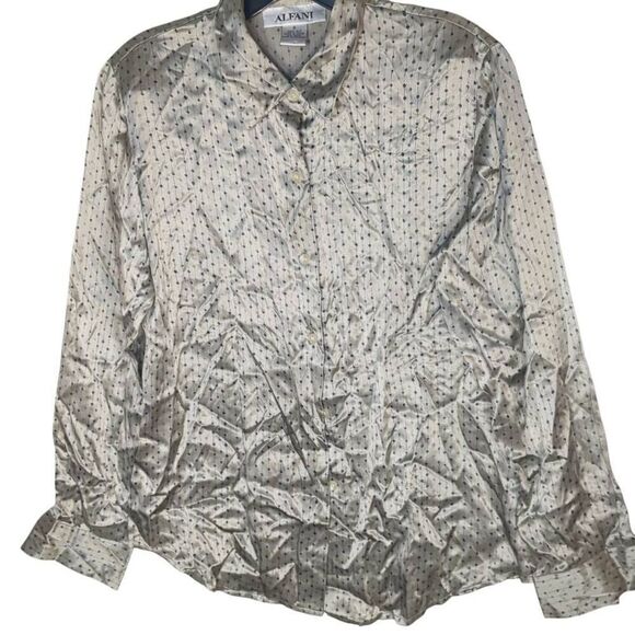 Vintage Alfani Green Gray Polka Dot Green 100% Silk Button Front Women's Small 6 - Picture 2 of 8